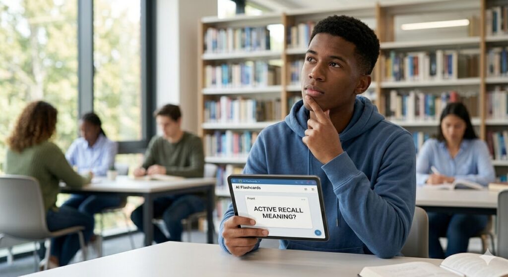 A student successfully practicing active recall by retrieving an answer from memory while using AI flashcards on a tablet in a library.