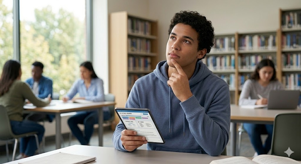 A focused university student successfully practicing active recall by reviewing a digital AI study guide on a tablet and using recall cues in a modern library study desk.