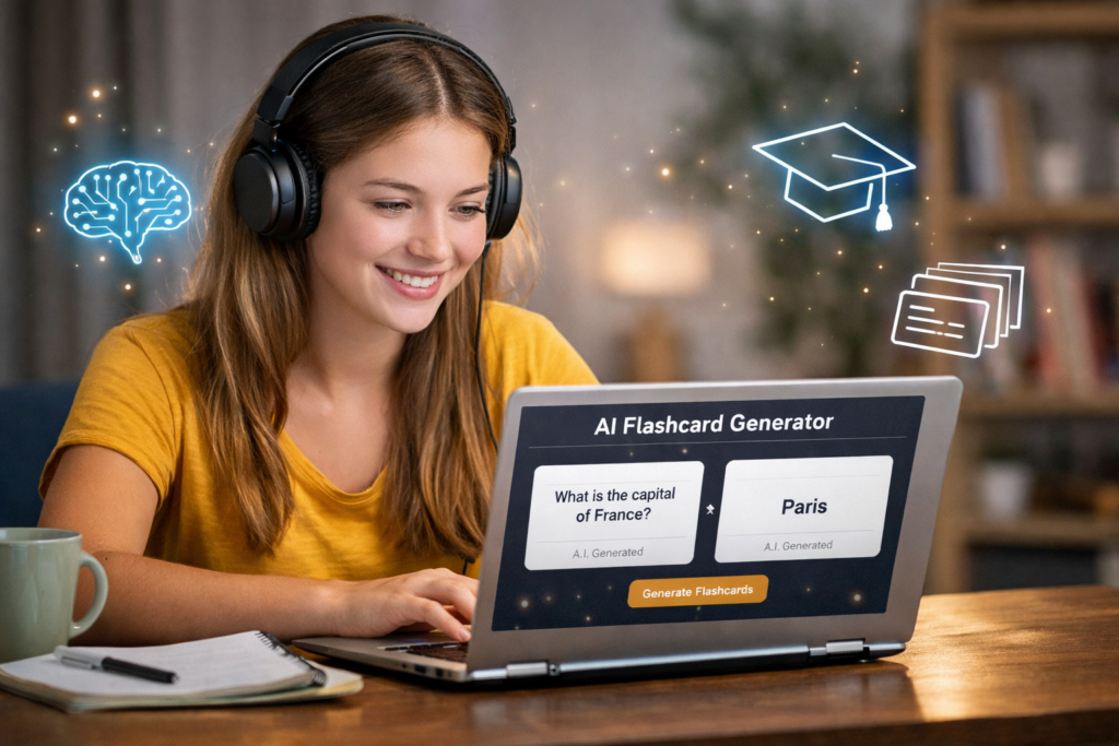 ai flashcard generator free for students studying with laptop