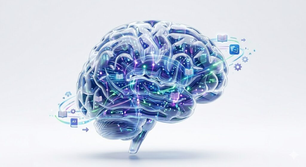 A 3D conceptual illustration of a human brain integrated with glowing neural networks and data points, symbolizing AI-driven memory retention and learning.