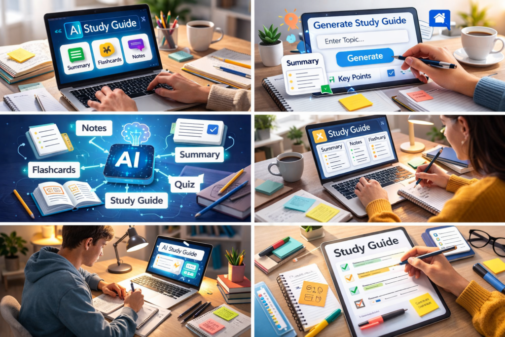 AI study guide generator creating summaries flashcards and study notes for students