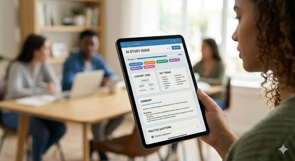 A focused close-up photograph of a modern digital tablet screen showing an AI study guide generator app interface with key terms and a knowledge tree.