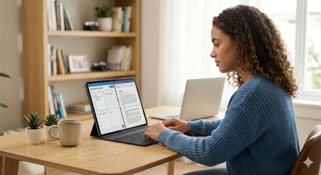 A focused student in a modern home office using a tablet and laptop to organize messy lecture notes into a structured digital study guide with AI.
