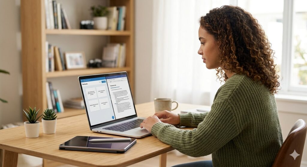 A focused student in a modern home office using a laptop to organize AI-generated study materials for exams.