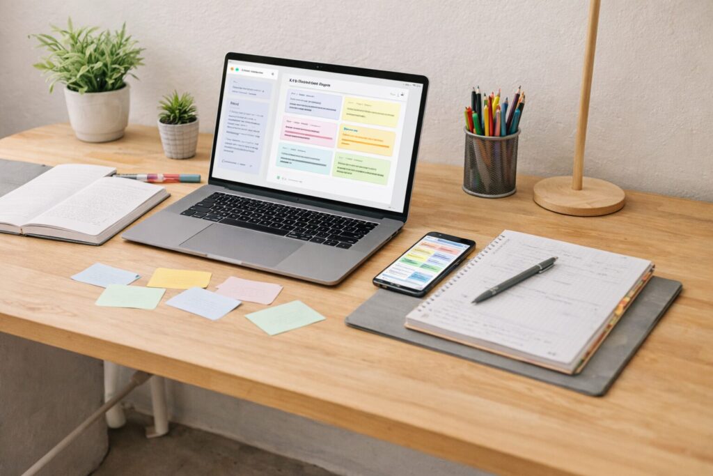 Study desk with laptop, notebook and AI flashcard tools for exam preparation