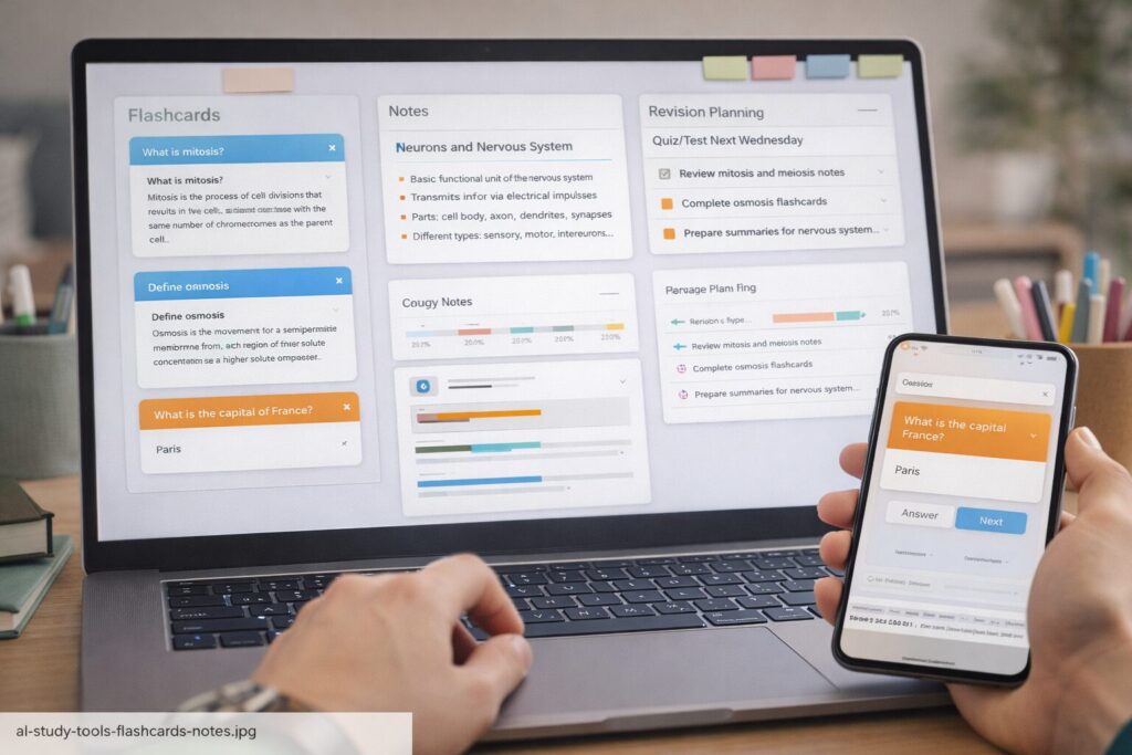 AI study tools with flashcards notes and revision planning on laptop and smartphone