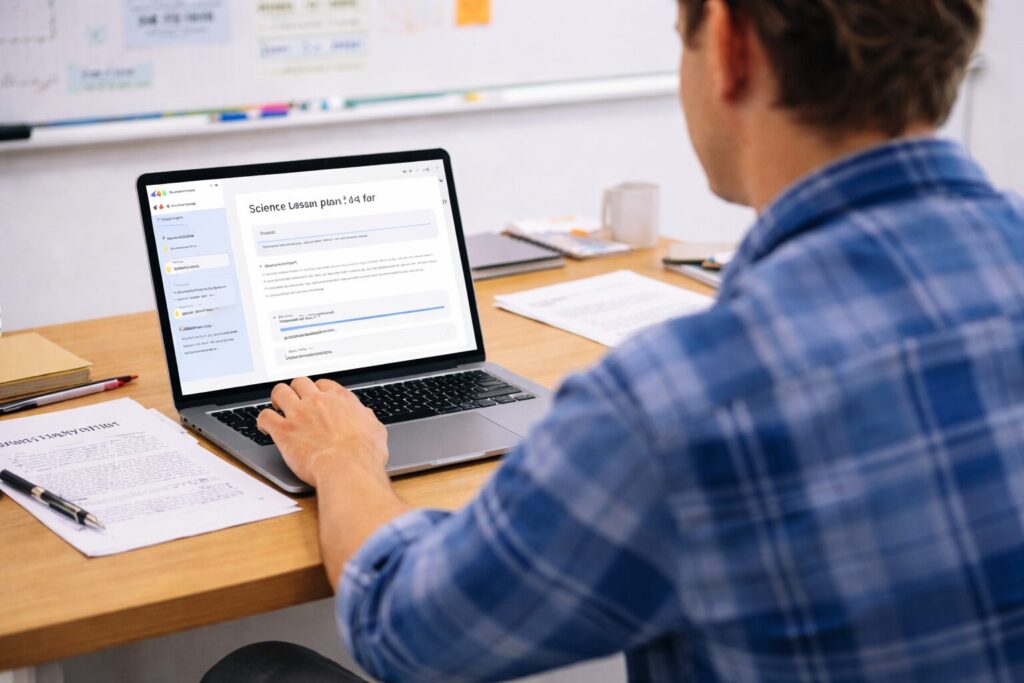 Teacher using AI tools for lesson planning on a laptop with classroom notes