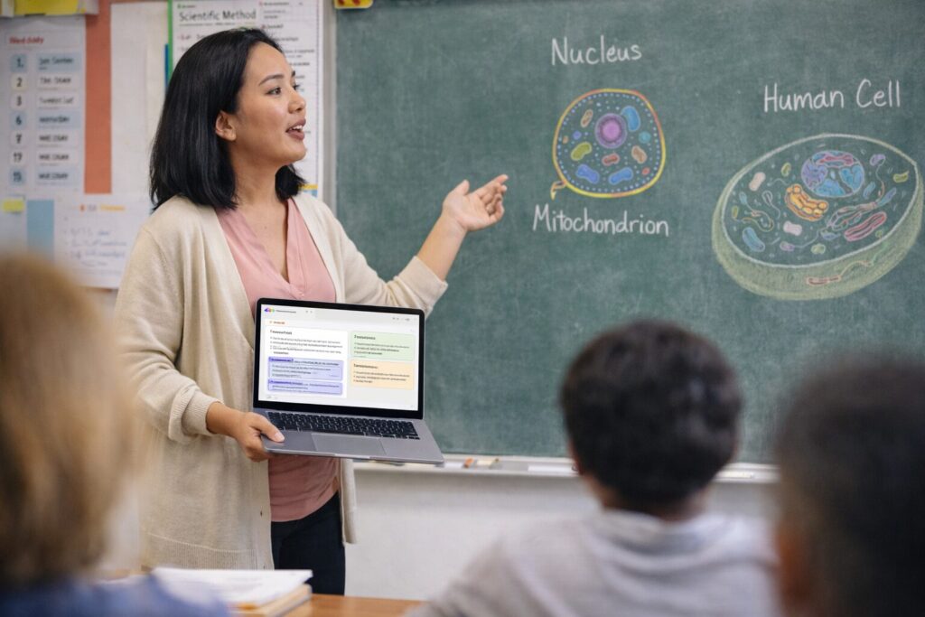 Teacher using AI tools to create quizzes, worksheets and teaching materials