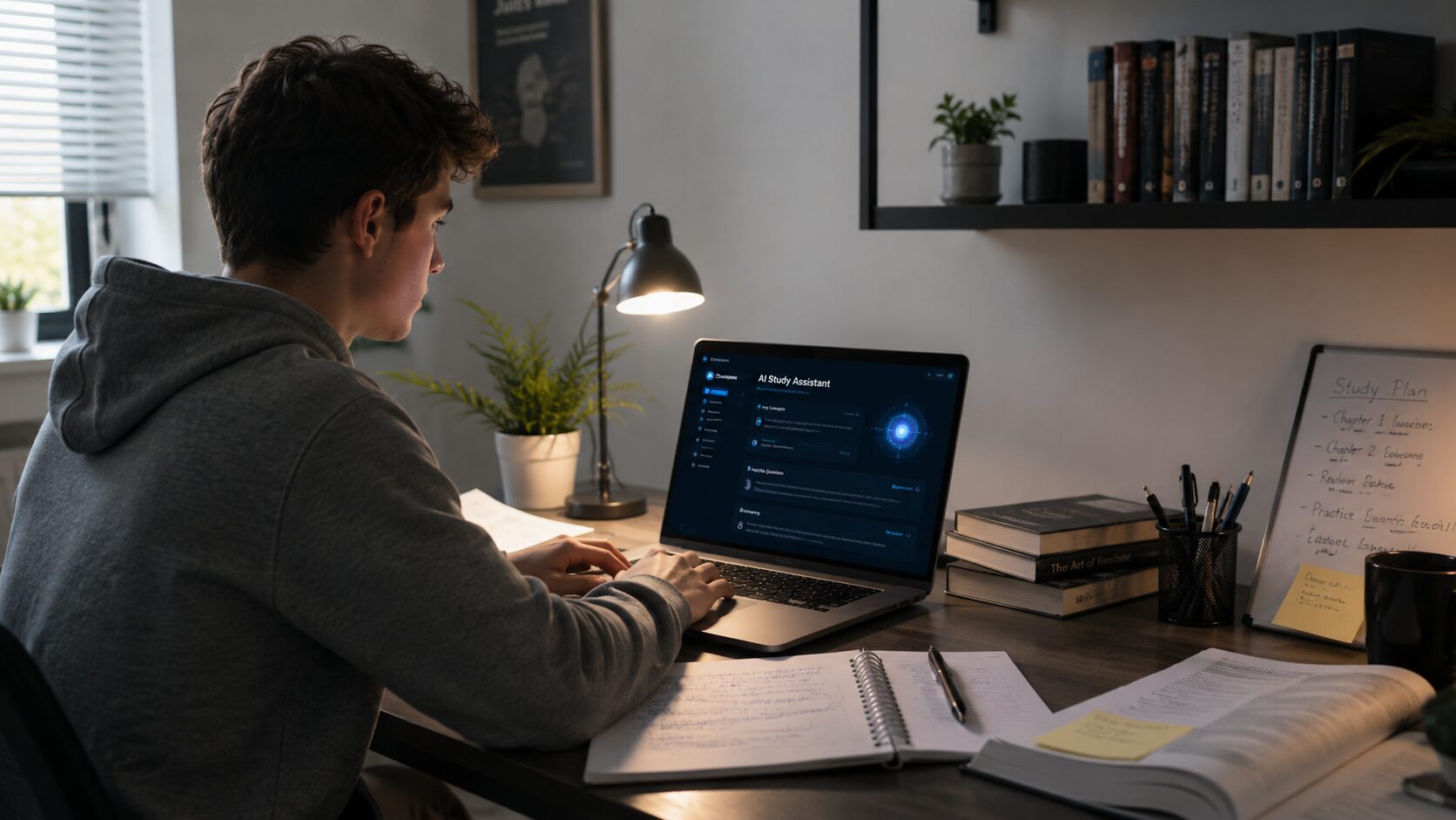 Student using AI study assistant on laptop in 2026