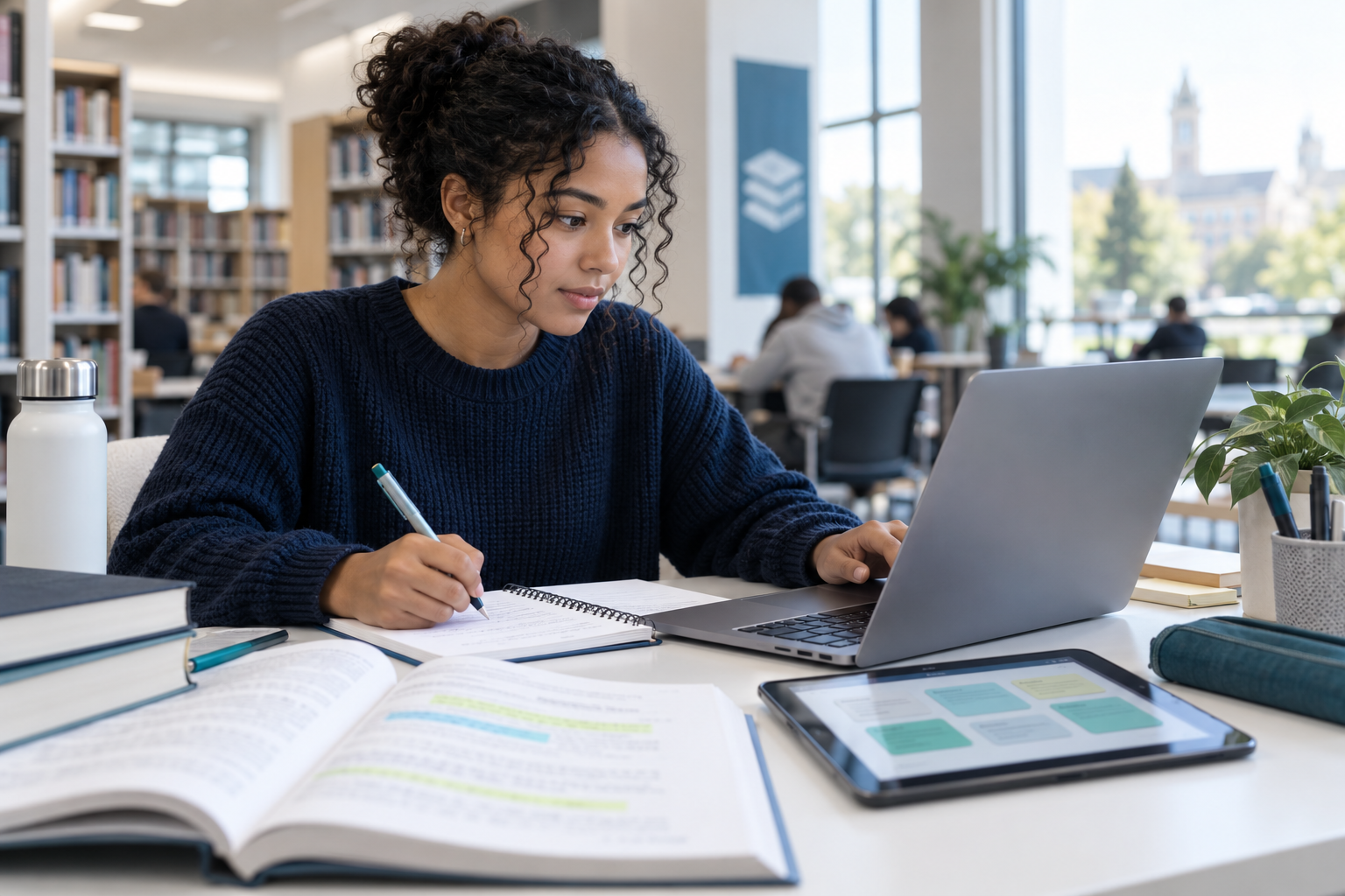 Student comparing AI note-taking tools with a laptop and handwritten notes